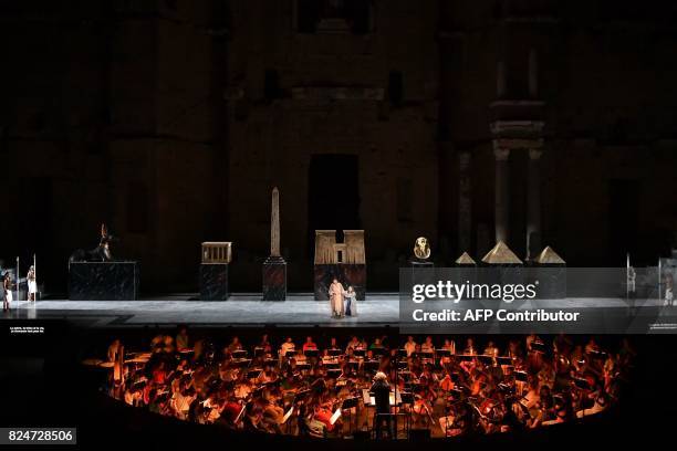 Argentinian tenor Marcelo Alvarez as Radames and US soprano Elena O'Connor as Aida perform the opera "Aida" by Giuseppe Verdi, directed by Paul-Emile...