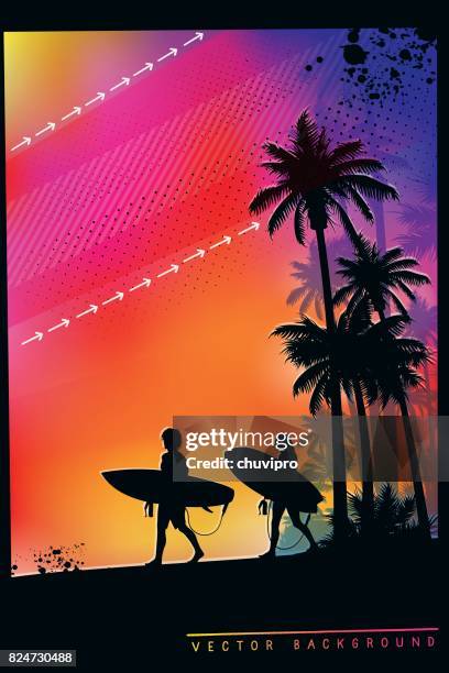walking surfers silhouettes on a background with palm trees - couple sunset stock illustrations