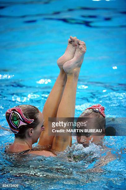 Christina Jones and Andrea Nott of the US perform during the synchronized swimming duet free routine final event of the 2008 Beijing Olympic Games at...