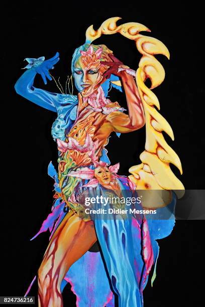 Model poses with her bodypainting designed by bodypainting artist Gloria Bordin from Italy during the 20th World Bodypainting Festival 2017 on July...