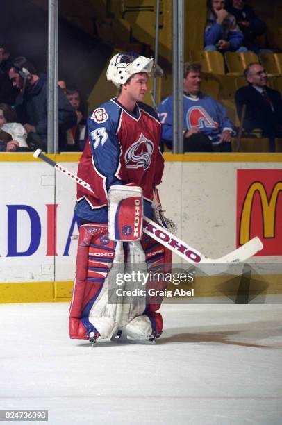 Patrick Roy of the Colorado Avalanche skates in warmup prior to a game against the Toronto Maple Leafs during game action on December 11, 1995 at...