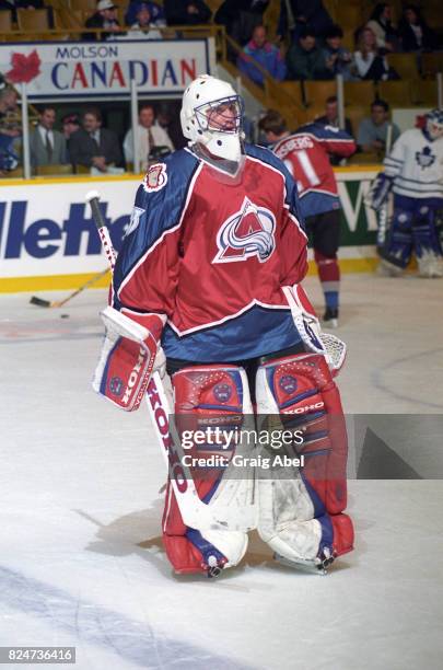 Patrick Roy of the Colorado Avalanche skates in warmup prior to a game against the Toronto Maple Leafs during game action on December 11, 1995 at...