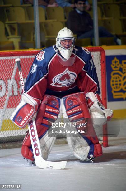 Patrick Roy of the Colorado Avalanche skates in warmup prior to a game against the Toronto Maple Leafs during game action on December 11, 1995 at...