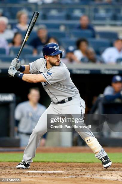 Trevor Plouffe of the Tampa Bay Rays bats in an MLB baseball game against the New York Yankees on July 27, 2017 at Yankee Stadium in the Bronx...