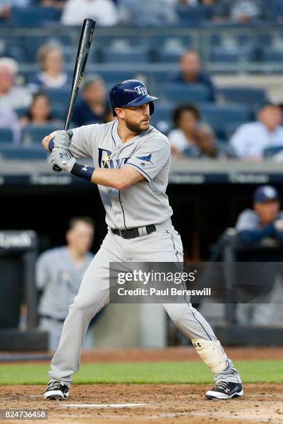 Trevor Plouffe of the Tampa Bay Rays bats in an MLB baseball game against the New York Yankees on July 27, 2017 at Yankee Stadium in the Bronx...