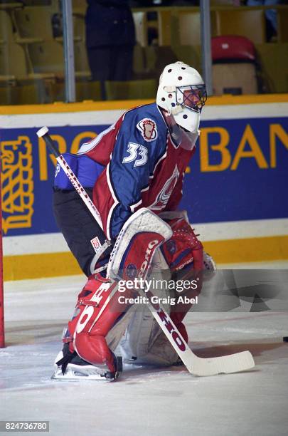 Patrick Roy of the Colorado Avalanche skates in warmup prior to a game against the Toronto Maple Leafs during game action on December 11, 1995 at...