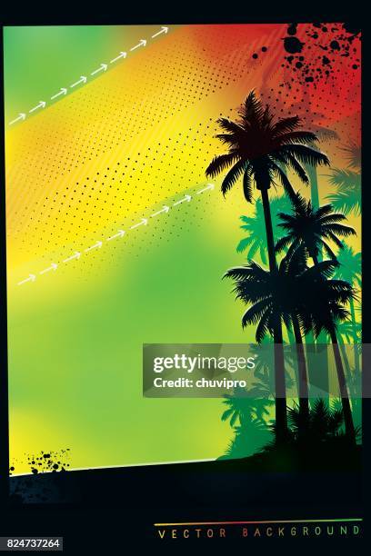 tropischen hintergrund mit palmen in den farben der flagge jamaika - jamaica flag stock-grafiken, -clipart, -cartoons und -symbole