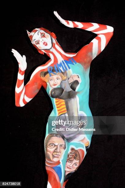 Model poses with her bodypainting designed by bodypainting artist Sofia Sellanes from Uruguay during the 20th World Bodypainting Festival 2017 on...