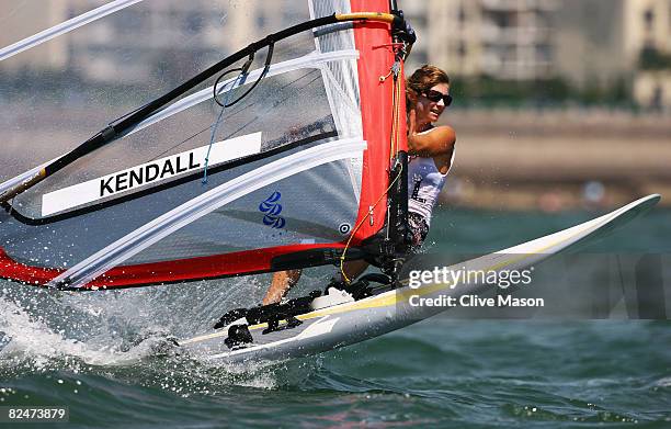 Barbara Kendall of New Zealand competes in the Women's RS:X class medal race held at the Qingdao Olympic Sailing Center during day 12 of the Beijing...