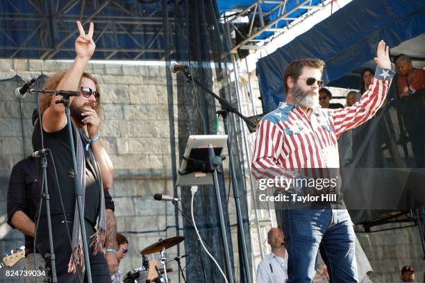 Jim James and Nick Offerman perform "Masters of War" during the 2017 Newport Folk Festival at Fort Adams State Park on July 30, 2017 in Newport,...