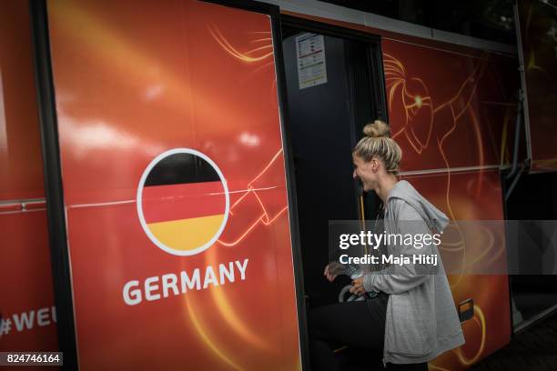 Anja Mittag of Germany enters the team bus prior team departure on July 31, 2017 in 's-Hertogenbosch, Netherlands.