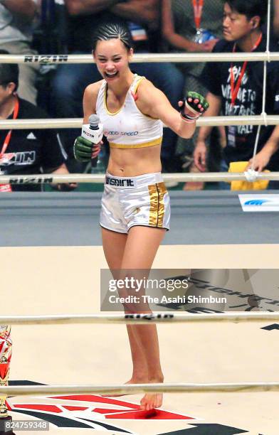 Shinju Nozawa Auclair of Japan celebrates winning the RIZIN 57.0kg Woman MMA Rules bout against Sheena Star of the United States at Saitama Super...