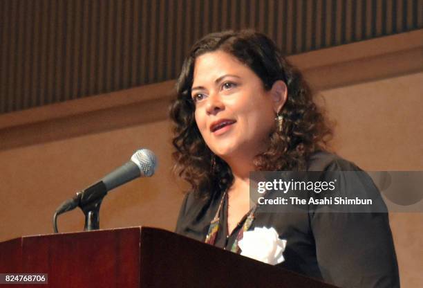 Maya Soetoro-Ng, half-sister of former U.S. President Barack Obama, speaks about peace education at an event for high school students on July 30,...