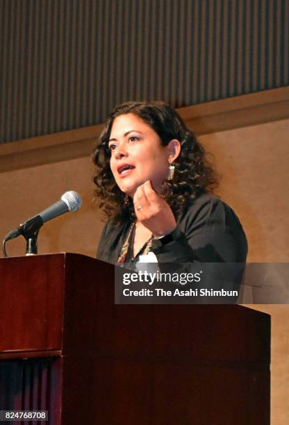 Maya Soetoro-Ng, half-sister of former U.S. President Barack Obama, speaks about peace education at an event for high school students on July 30,...