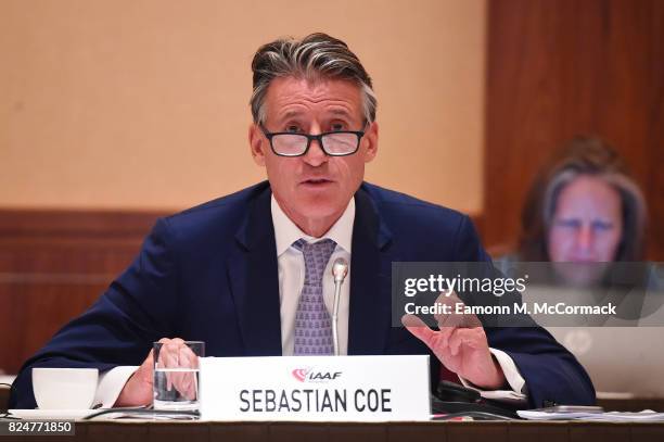 Sebastian Coe, IAAF President leads the 210th IAAF Council Meeting on July 31, 2017 in London, England.