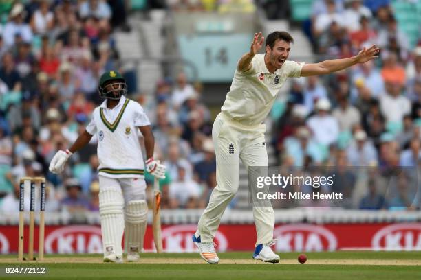 Toby Roland-Jones of England traps Temba Bavuma of South Africa lbw during the 3rd Investec Test between England and South Africa at The Kia Oval on...