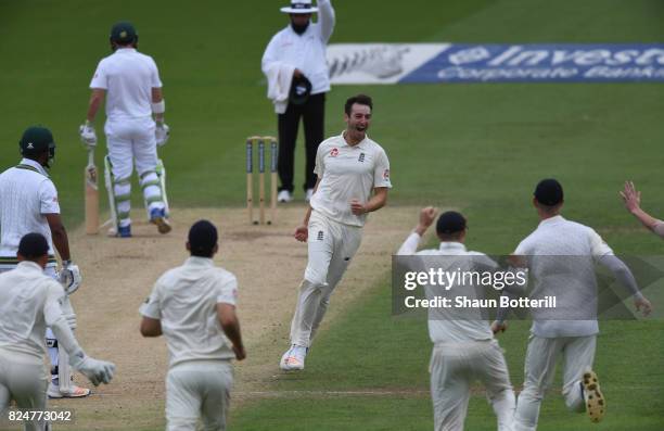 Toby Roland-Jones of England celebrates after taking the wicket of Vernon Philander of South Africa during day five of the 3rd Investec Test match...