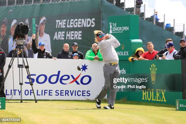 Miguel Angel Jimenez of Spain in action during the final round of the Senior Open Championship at Royal Porthcawl Golf Club on July 30, 2017 in...