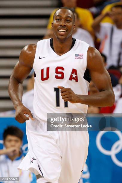 Dwight Howard of the United States runs down court during the men's basketball quarterfinal game against Australia at the Olympic Basketball...