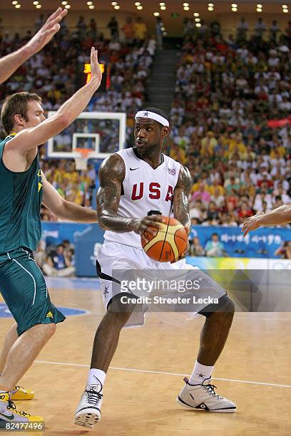 Lebron James of the United States moves against the defense of Australia during the men's basketball quarterfinal game at the Olympic Basketball...