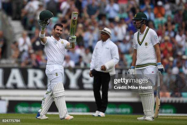 Dean Elgar of South Africa celebrates reaching his century during the 3rd Investec Test between England and South Africa at The Kia Oval on July 31,...