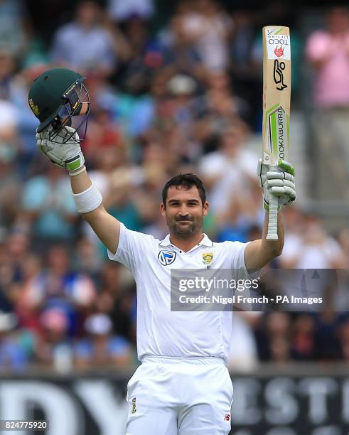 South Africa's Dean Elgar celebrates after reaching his century during day five of the 3rd Investec Test match at the Kia Oval, London.