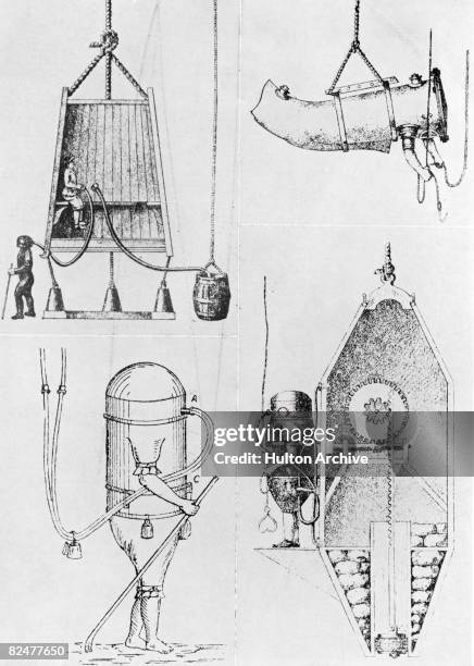 An early diving bell invented by English physicist Edmond Halley , with three similar contraptions, circa 1690.