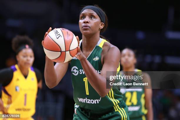 Crystal Langhorne of the Seattle Storm handles the ball against the Los Angeles Sparks during a WNBA basketball game at Staples Center on July 25,...