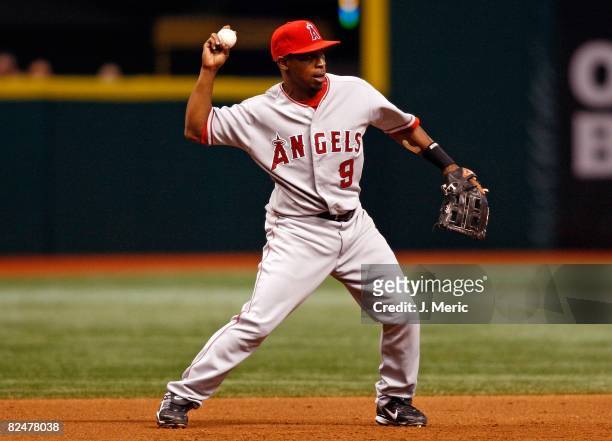 Infielder Chone Figgins of the Los Angeles Angels fields a ground ball against the Tampa Bay Rays during the game on August 18, 2008 at Tropicana...