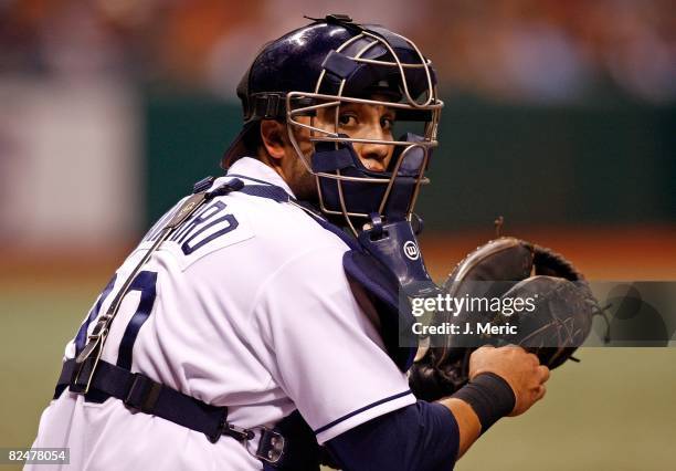 Catcher Dioner Navarro of the Tampa Bay Rays looks to the dugout for the sign against the Los Angeles Angels during the game on August 18, 2008 at...