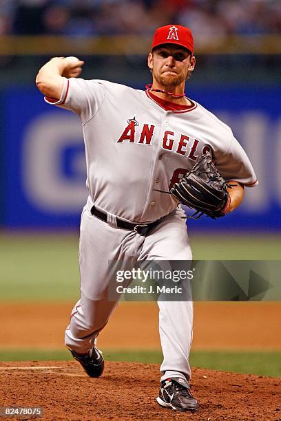 Relief pitcher Shane Loux of the Los Angeles Angels pitches against the Tampa Bay Rays during the game on August 18, 2008 at Tropicana Field in St....