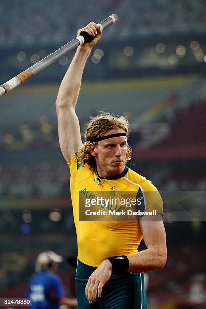 Steve Hooker of Australia competes in the Men's Pole Vault Qualifications at the National Stadium during Day 12 of the Beijing 2008 Olympic Games on...