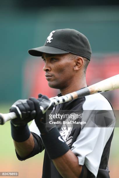 Alexei Ramirez of the Chicago White Sox takes batting practice before the game against the Oakland Athletics at the McAfee Coliseum in Oakland,...