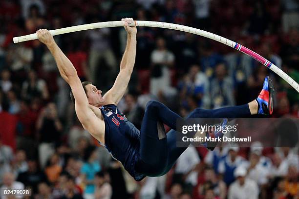 Brad Walker of the united States competes in the Men's Pole Vault Qualifying Round at the National Stadium during Day 12 of the Beijing 2008 Olympic...