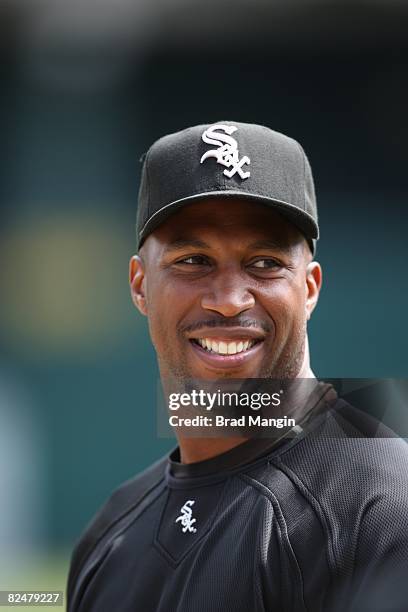 Jermaine Dye of the Chicago White Sox takes batting practice before the game against the Oakland Athletics at the McAfee Coliseum in Oakland,...