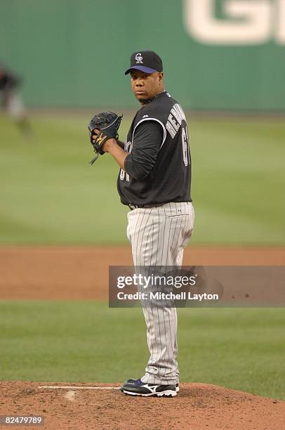 Livan Hernandez of the Colorado Rockies pitches during a baseball game against the Washington Nationals on August 16, 2008 at Nationals Park in...