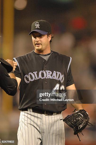 Jason Grilli of the Colorado Rockies celebrates a win after a baseball game against the Washington Nationals on August 16, 2008 at Nationals Park in...