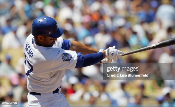 Matt Kemp of the Los Angeles Dodgers hits a homerun in the first inning against the Milwaukee Brewers at Dodger Stadium on August 17, 2008 in Los...