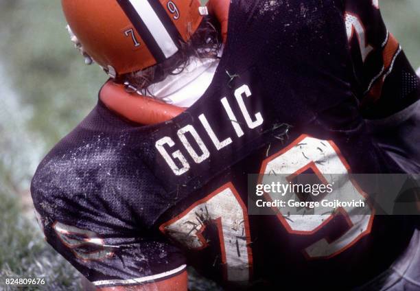 Defensive lineman Bob Golic of the Cleveland Browns on the field after a play during a game against the New York Jets at Municipal Stadium on October...