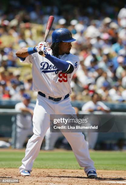 Manny Ramirez of the Los Angeles Dodgers bats against the Milwaukee Brewers at Dodger Stadium on August 17, 2008 in Los Angeles, California.