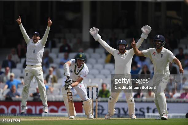 Morne Morkel of South Africa is trapped lbw by Moeen Ali of England for his hat-trick during day five of the 3rd Investec Test match between England...
