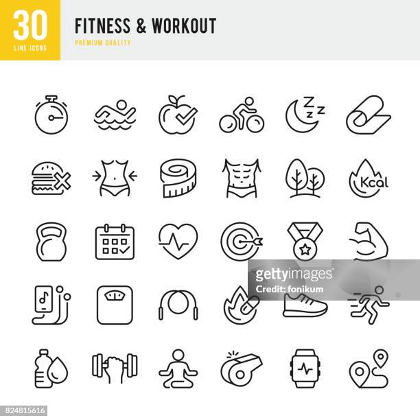 ilustraciones, imágenes clip art, dibujos animados e iconos de stock de fitness y entrenamiento - conjunto de iconos de vector de línea delgada - entrenamiento con pesas