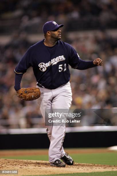 August 13: CC Sabathia of the Milwaukee Brewers pitches during the game against the San Diego Padres at Petco Park on August 13, 2008 in San Diego,...