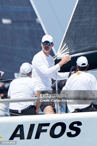 King Felipe VI of Spain compites on board of Aifos during the 36th Copa Del Rey Mapfre Sailing Cup on July 31, 2017 in Palma de Mallorca, Spain.