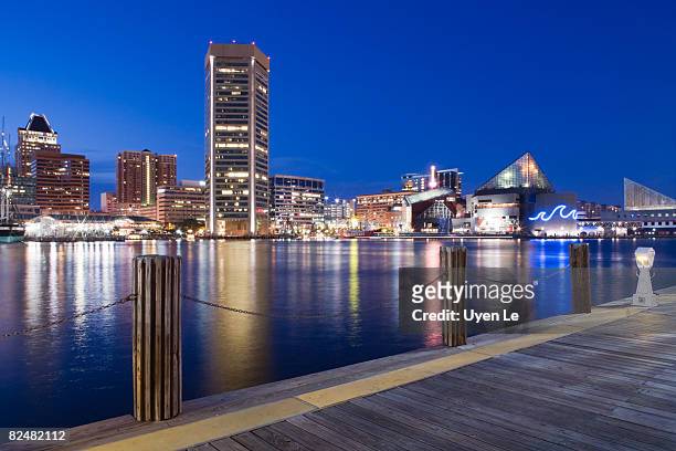 baltimore inner harbor at dusk - baltimore waterfront stock pictures, royalty-free photos & images