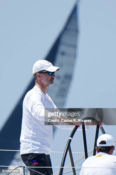 King Felipe VI of Spain compites on board of Aifos during the 36th Copa Del Rey Mapfre Sailing Cup on July 31, 2017 in Palma de Mallorca, Spain.