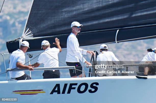 King Felipe VI of Spain compites on board of Aifos during the 36th Copa Del Rey Mapfre Sailing Cup on July 31, 2017 in Palma de Mallorca, Spain.