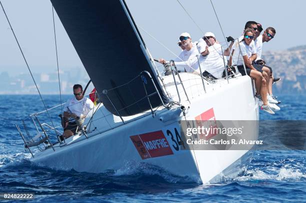 King Felipe VI of Spain compites on board of Aifos during the 36th Copa Del Rey Mapfre Sailing Cup on July 31, 2017 in Palma de Mallorca, Spain.