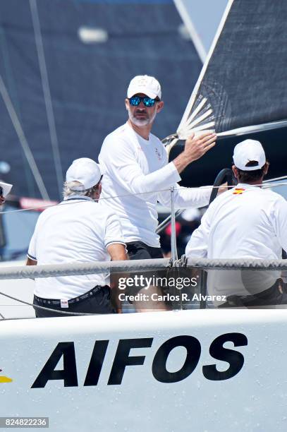 King Felipe VI of Spain compites on board of Aifos during the 36th Copa Del Rey Mapfre Sailing Cup on July 31, 2017 in Palma de Mallorca, Spain.