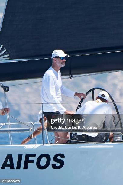 King Felipe VI of Spain compites on board of Aifos during the 36th Copa Del Rey Mapfre Sailing Cup on July 31, 2017 in Palma de Mallorca, Spain.